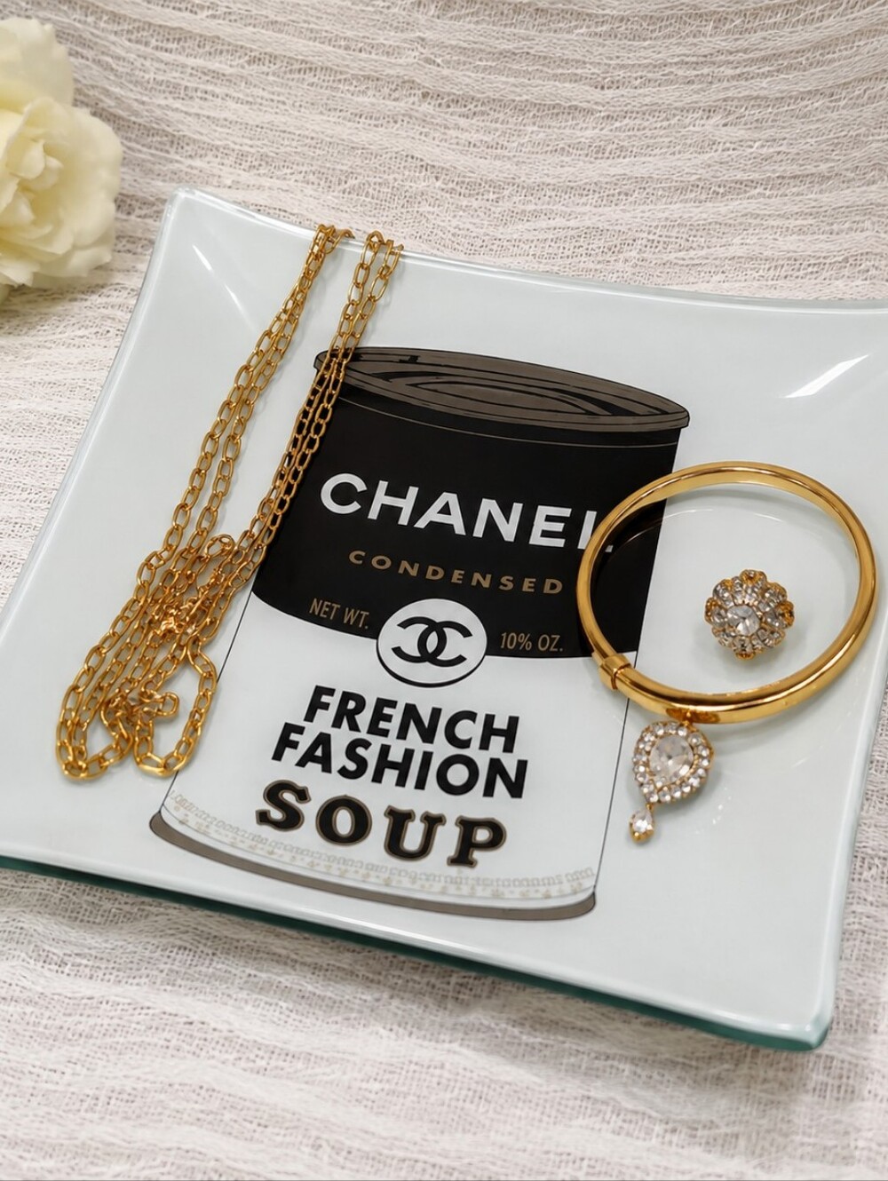 Fashion Soup Pop Art Glass Jewelry Tray / Trinket Dish